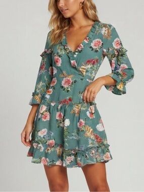 New! Hayden Green Floral Lace-Up Ruffle Mini Dress Size Small 39573